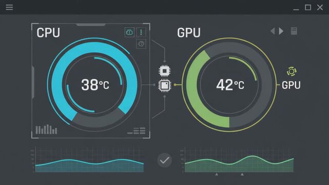 digital computer monitor interface displays real-time CPU and GPU temperature performance metrics with analytical line graphs set against dark tech-focused background