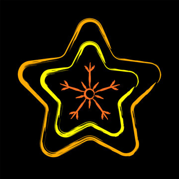 Outline illustration of Christmas cookie in star shape in bright colors. Grunge style. Design element isolated on black for Christmas, new year holiday, gift decoration.