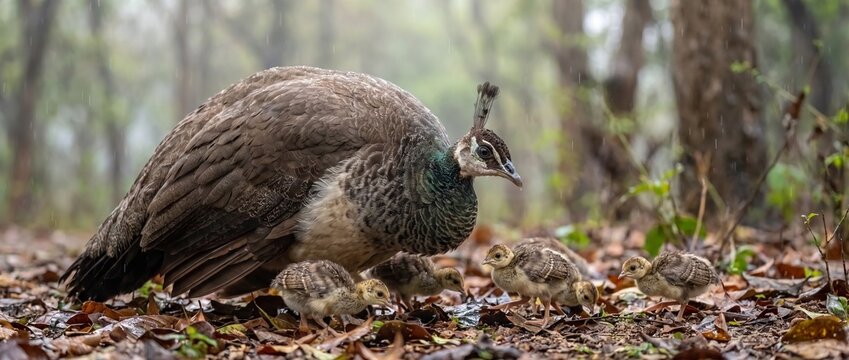 Peacock Family in Forest: A mother peacock shelters her young chicks amongst fallen leaves on a forest floor, evoking a sense of warmth and parental care.