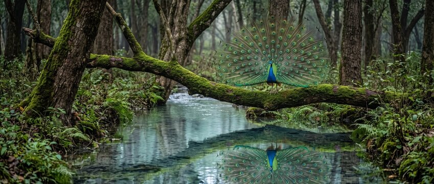 Peacock's Display in Misty Forest: A majestic peacock proudly displays its vibrant fanned tail in a serene, misty forest, its reflection shimmering on the still water below.