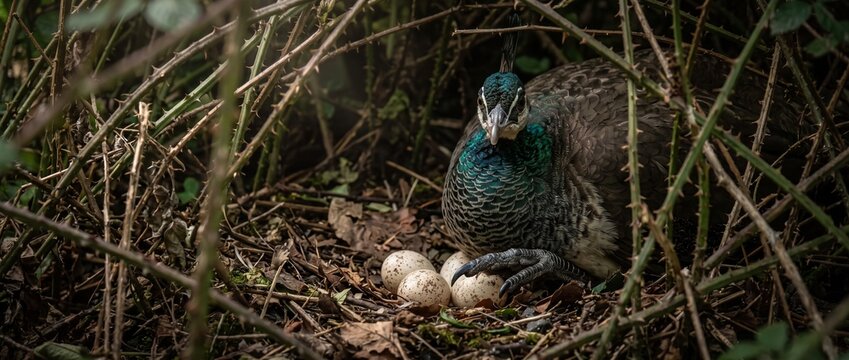 Peacock Nesting Amidst Thicket: A proud peacock, adorned with iridescent plumage, tenderly guards its clutch of eggs nestled within a dense, naturalistic nest.
