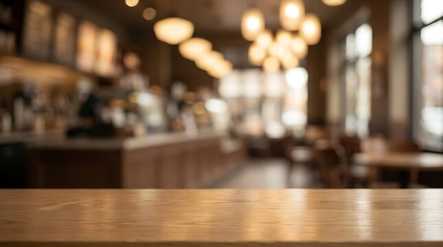 Wooden table top over blur coffee shop background