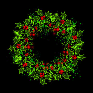Circular composition like traditional wreath with flower poinsettia, spray paint splatters, fir branch, halftone shapes. Outline icons for holiday decorations in grunge style. Fluorescent neon colors