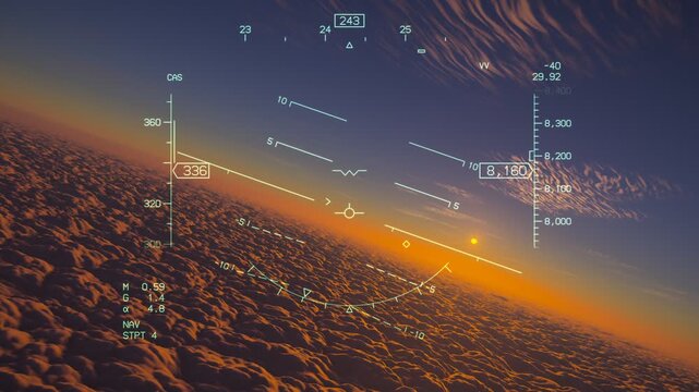 Fighter Jet HUD Pitch Ladder Banking Over Sunset Clouds Seamless Loop