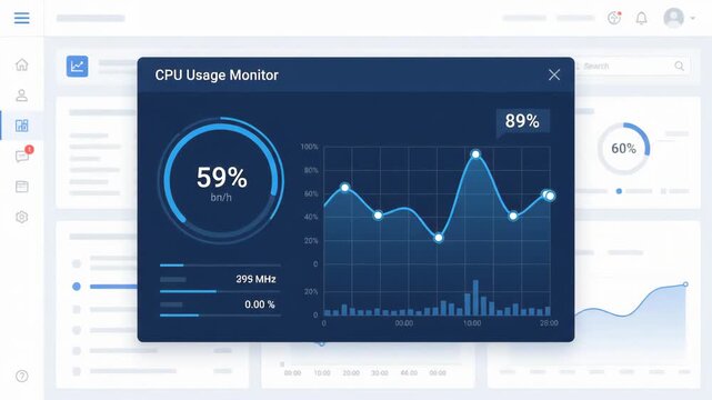 Digital CPU usage monitor displaying real-time system performance analytics within pop-up window over blurred professional software dashboard interface on computer screen