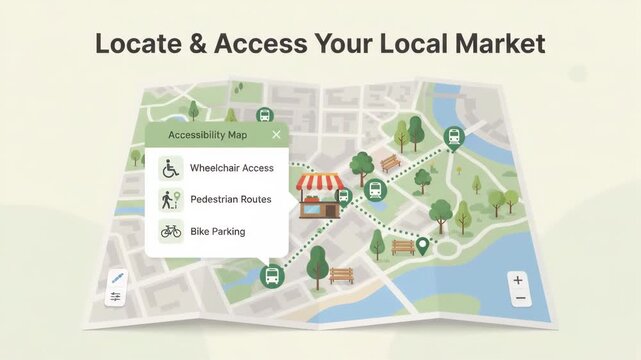 digital accessibility map popup window displaying wheelchair pedestrian and bike icons overlaid on flat illustrated urban city map with produce markers in the background