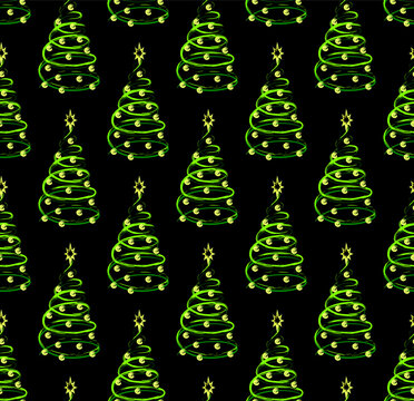 Seamless pattern with Christmas tree painted like spiral with grunge contour line in vibrant neon colors. Geometric alternating arrangement. For Christmas, new year holiday design