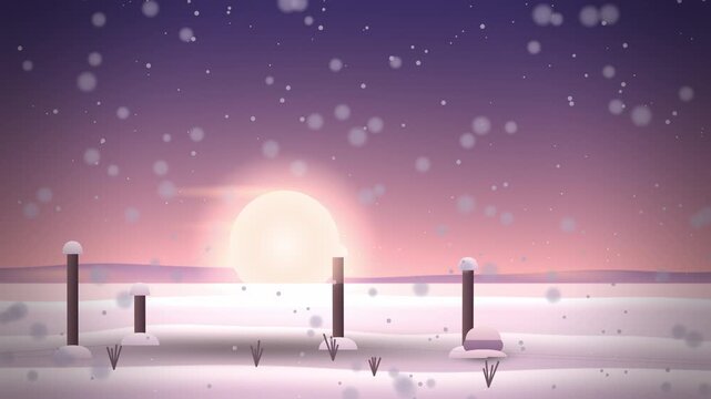 Pink low winter sun over a snow field under gentle snowfall rose dusk