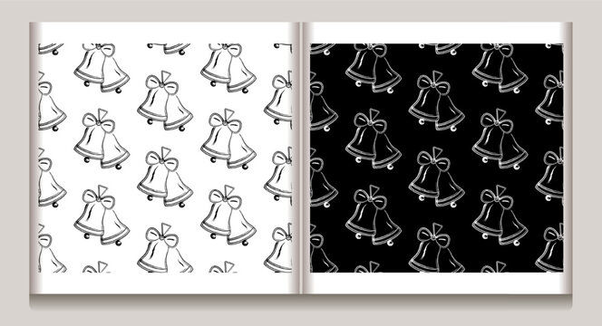 Seamless black and white pattern with pair of bells. Geometric alternating, staggered arrangement of icons. Grunge style. Simple minimalist design for Christmas, new year holidays
