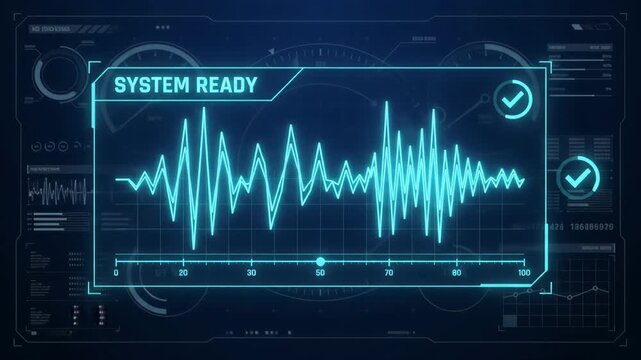 vibrant blue digital audio waveform oscillates within glowing rectangular display frame set against complex technical computer interface background indicating system ready state