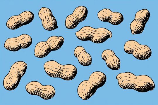 and drawn peanuts in vintage sketch style on blue background