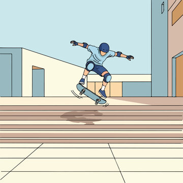 Skateboarder mid-air performs trick near modern buildings