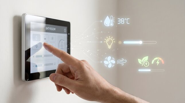 Hand touching smart home wall panel with glowing climate icons