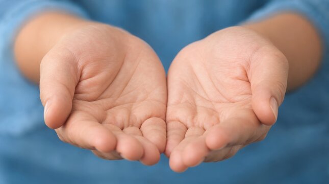 Two open hands held together, palms up, against a blurred blue background.