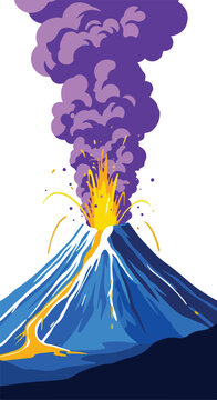 A stylized volcano erupting with purple smoke and orange lava