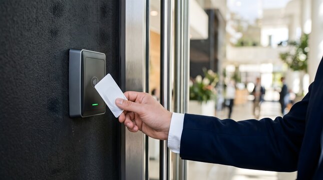 Businessperson scanning white access keycard on office wall reader