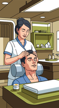 A woman gives a man a facial massage in a spa