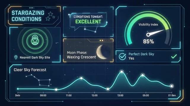 Digital stargazing conditions dashboard monitoring moon phase cloud cover and visibility index against background of faint neon constellations in futuristic user interface