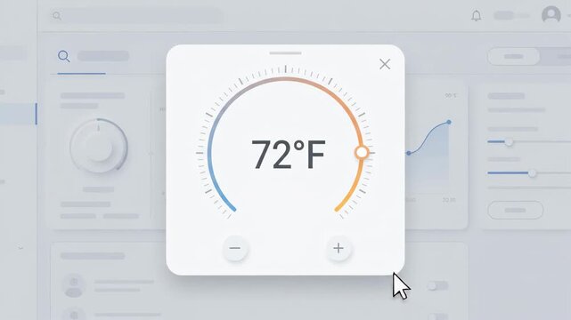 digital thermostat interface displaying temperature of 70 degrees Fahrenheit controlled by computer mouse pointer on blurred light-themed dashboard software background