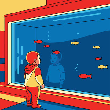 Child watches fish in a brightly colored aquarium display