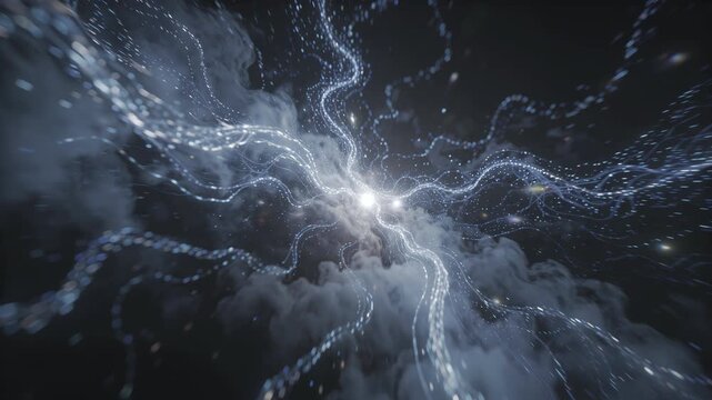 Abstract data streams flowing through a dark void, glowing blue and cyan particles
traveling along luminous network paths, converging into a central node that pulses.