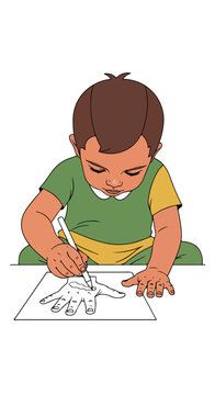 Child drawing a hand outline on paper