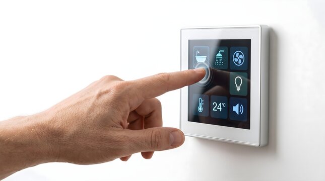 Hand pressing bathtub icon on smart bathroom wall control panel