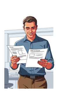 Man happily reviewing documents in an office