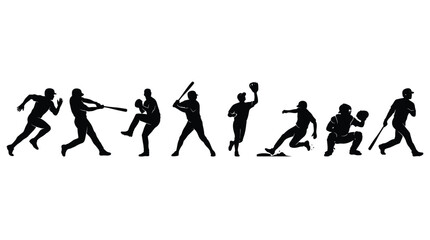 Obraz premium Detailed baseball player silhouettes showcasing various athletic actions and dynamic game postures on white background