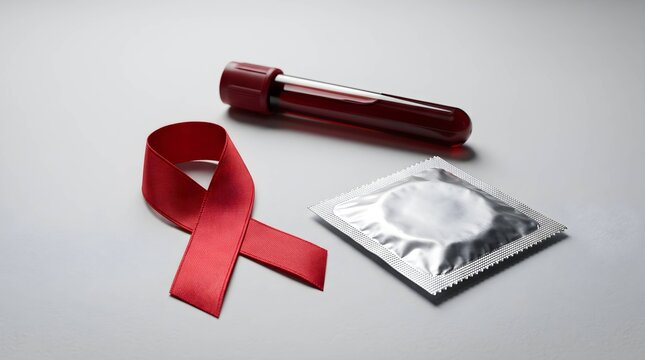 Red Awareness Ribbon with a Blood Sample Test Tube and a Contraceptive Foil Packet for Sexual Health and STI Prevention Education Concepts