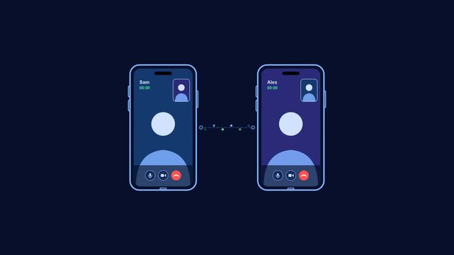 Animated video call between two people on smartphones, featuring video communication interfaces, microphone and camera controls, and a digital connection.