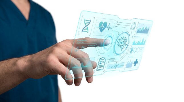 Doctor touching futuristic AI medical diagnostics hologram interface