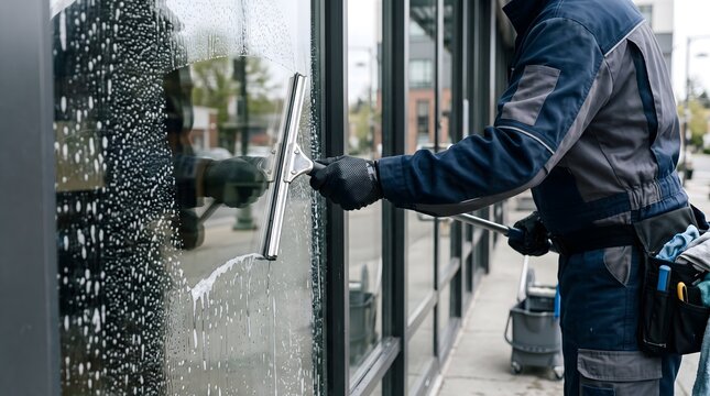 Professional window cleaner using squeegee on soapy building glass