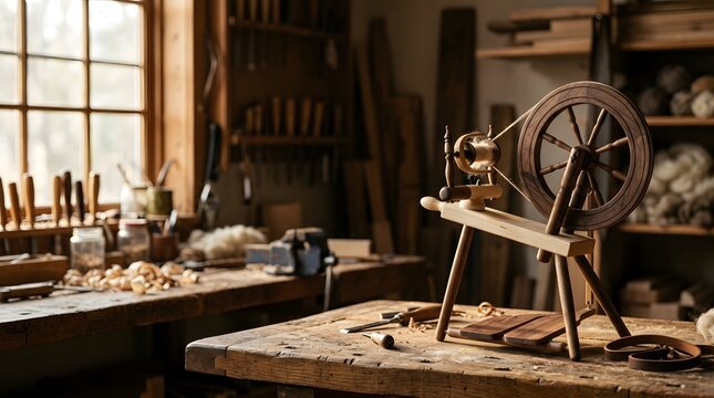 Handcrafted wooden spinning wheel sitting on rustic workbench inside traditional carpentry workshop.