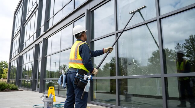 Worker cleaning modern office building windows