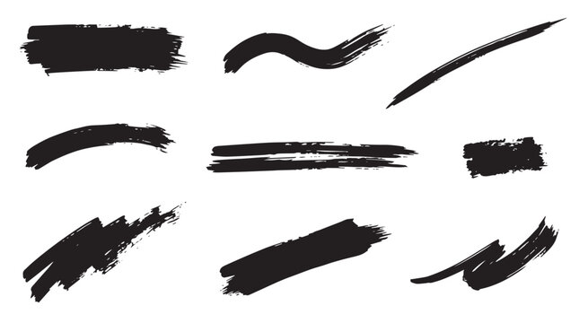 Hand drawn black brush stroke line texture set isolated on transparent png background vector illustration collection