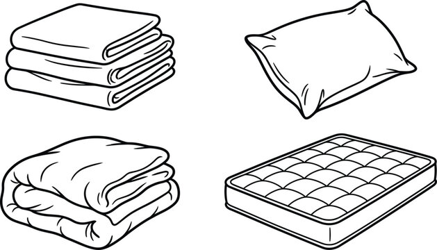 Bedding accessories outline icon set for bedroom comfort and textile manufacturing
