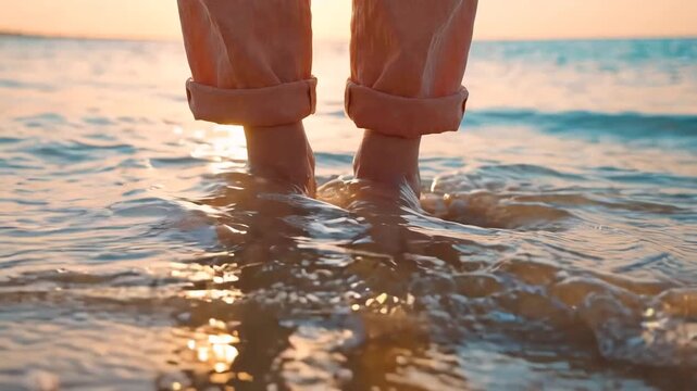 Close-up of Barefoot Feet Standing on Sandy Beach with Sea Waves at Sunset