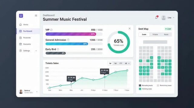 digital dashboard interface displaying music festival ticket sales statistics with progress bars and seat availability charts visible in the background on computer monitor screen