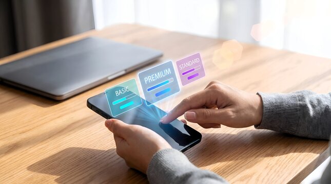 Modern smartphone user tapping interactive virtual subscription pricing tiers display showing basic premium and standard plans inside bright workspace