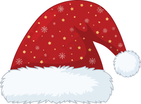 Red Santa Claus hat with snowflakes isolated on white background