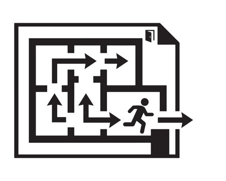 Emergency evacuation floor plan sign showing escape route with running person icon for safety exit
