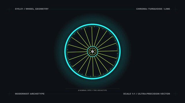 Futuristic cyan wheel geometry animation with glowing lime spokes