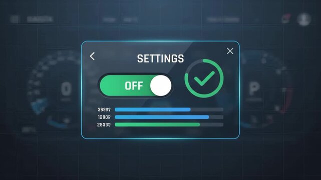 interactive settings toggle switch is activated on digital dashboard interface inside modern vehicle with blurred circular speedometers and gauges visible in the background
