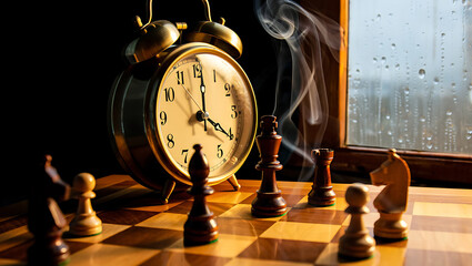 Vintage Alarm Clock and Chess Pieces on a Chessboard near a Rainy Window Time for Strategy and Reflection © creative.vector