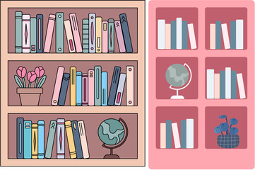 Flat of library bookshelves and storage cupboards filled with books, potted plants, and globes isolated on a transparent background, for educational design projects © Abdul Mateen