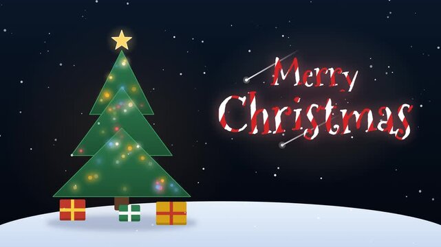 Christmas tree with twinkling lights and Merry Christmas peppermint text under shooting stars, seamless loop