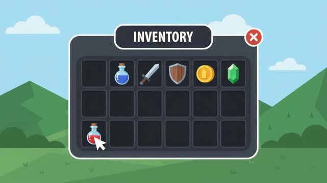 cursor selecting blue potion in digital role-playing game inventory interface against stylized landscape background of green hills and light blue sky with puffy white clouds