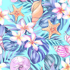 Tropical pattern. Paradise plants and flowers. Hawaiian pattern. Exotic, tropical. Delicate soft colors. © Alaska_artworks