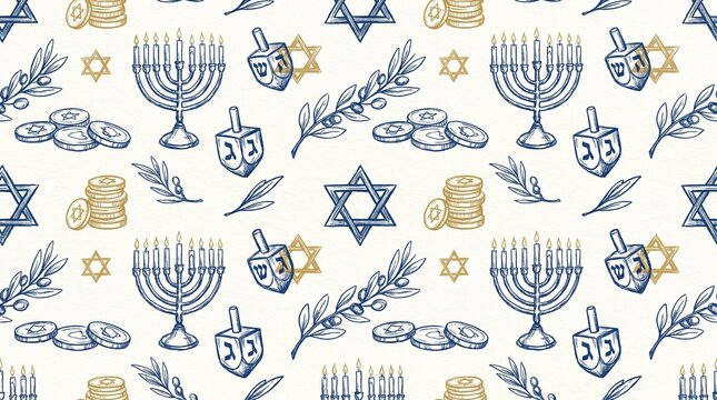 Seamless hand drawn Hanukkah pattern featuring traditional Jewish symbols like menorah, dreidel, and Star of David in blue and gold